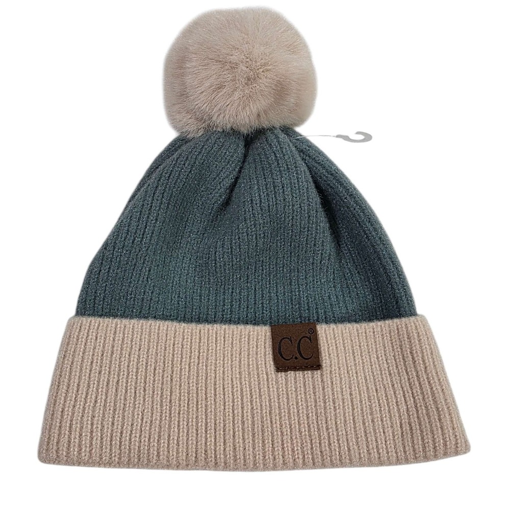 CC Exclusives Pom Beanie Hat Two-Tone Acrylic‎ Faux Fur Pompom Teal Tan New